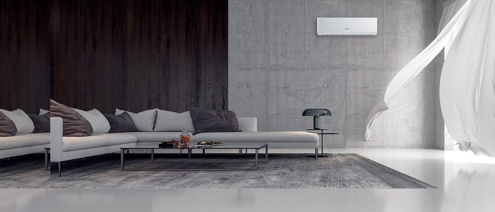 GREE Amber Nordic šilumos siurblys GWH24YE-S6DBA1A/I + GWH24YE-S6DBA2A/O erdvioje svetainėje