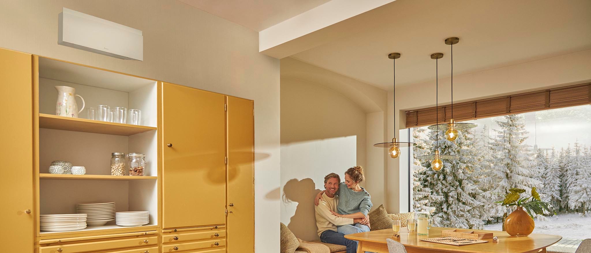 Matinis baltas Daikin NORDIC Emura FTXTJ30AW valgomajame, už lango žiema