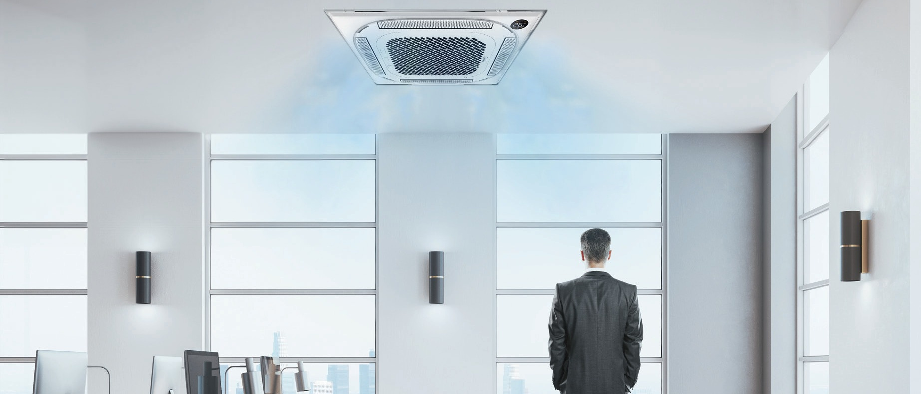 Midea Compact MCA4U-12HRFNX-QRD1W(GA) + MOX230-12HFN8-QRD0W(GA) kasetinis oro kondicionierius šviesaus biuro lubose