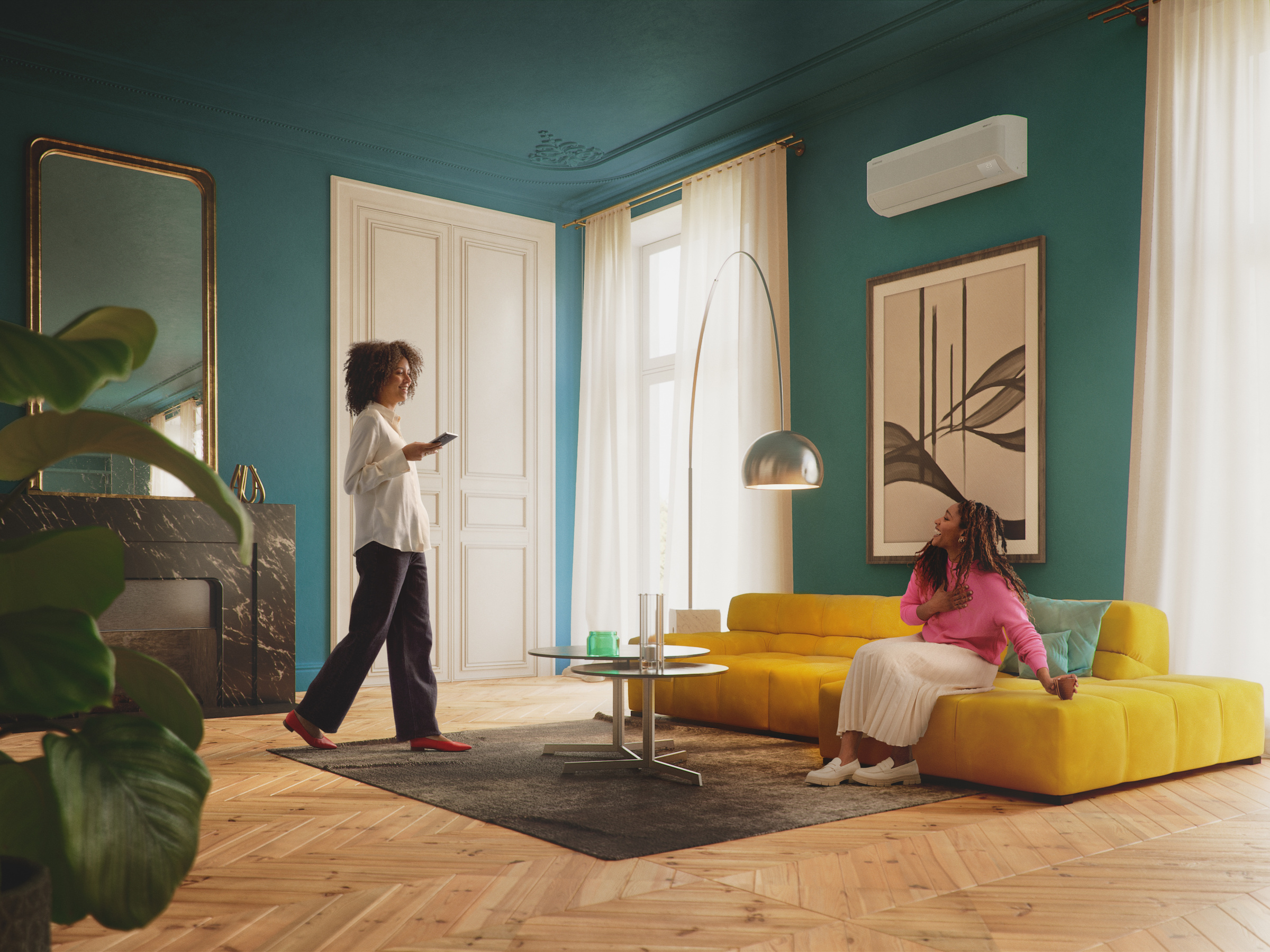 Samsung Nordic WindFree Geo S2 AR70F12CABWNEE erdvioje svetainėje aukštomis lubomis – oras sklinda toliau ir plačiau