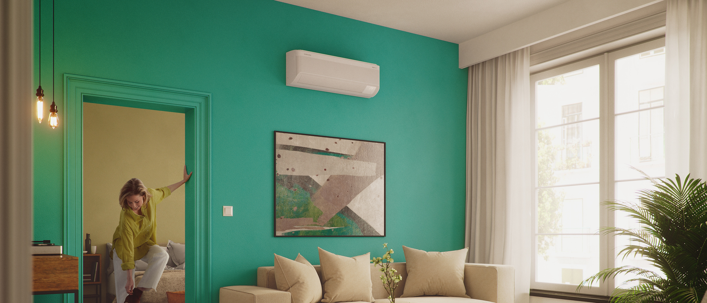 Samsung Nordic WindFree Geo S2 AR70F12CABWNEE šilumos siurblys oras-oras jaukioje svetainėje – šiluma iki −30 °C ir vėsa be skersvėjo