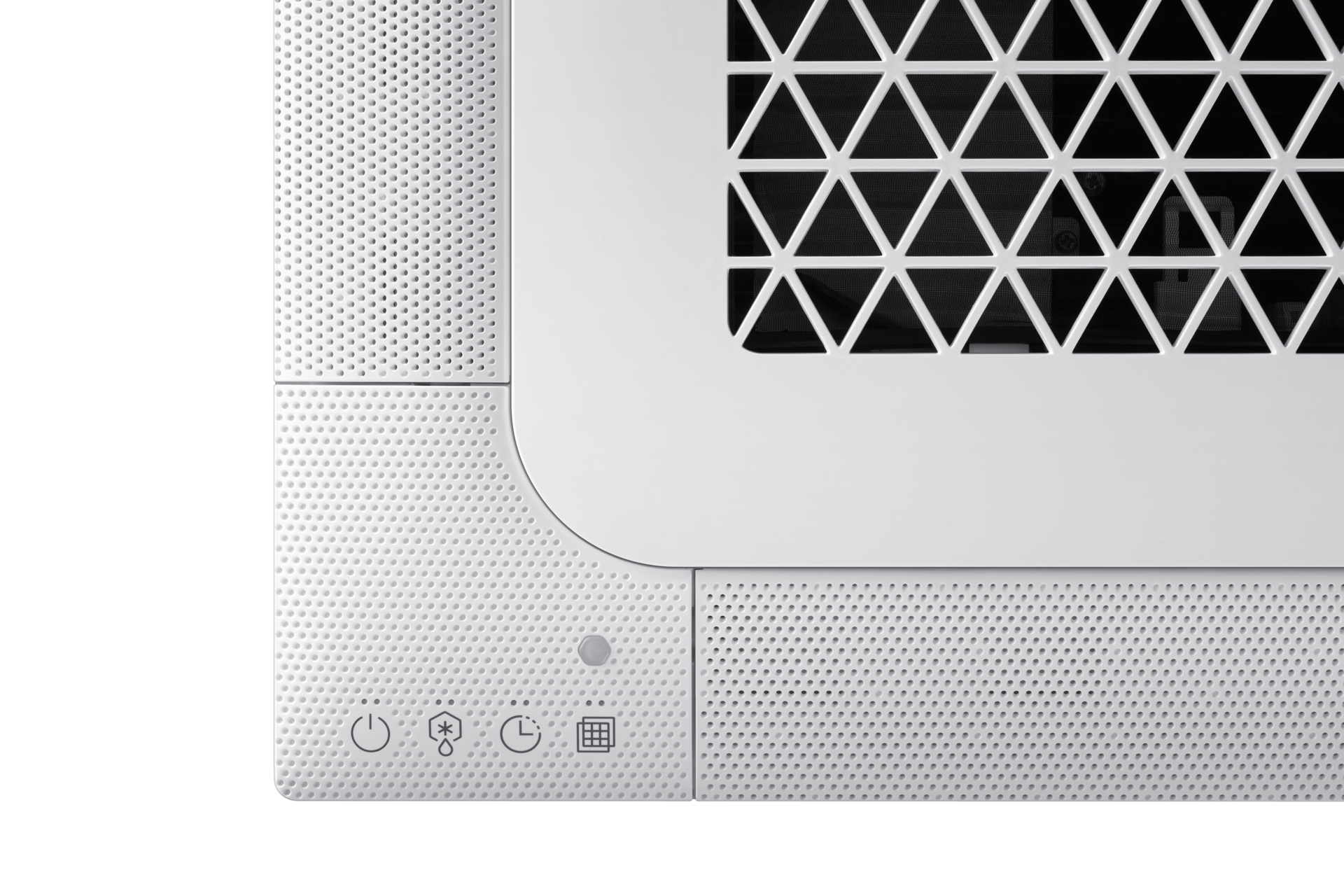 Samsung WindFree 4-Way Cassette (600×600) AC071RNNDKG/EU panelės kampas – mikroangos ir LED indikatoriai