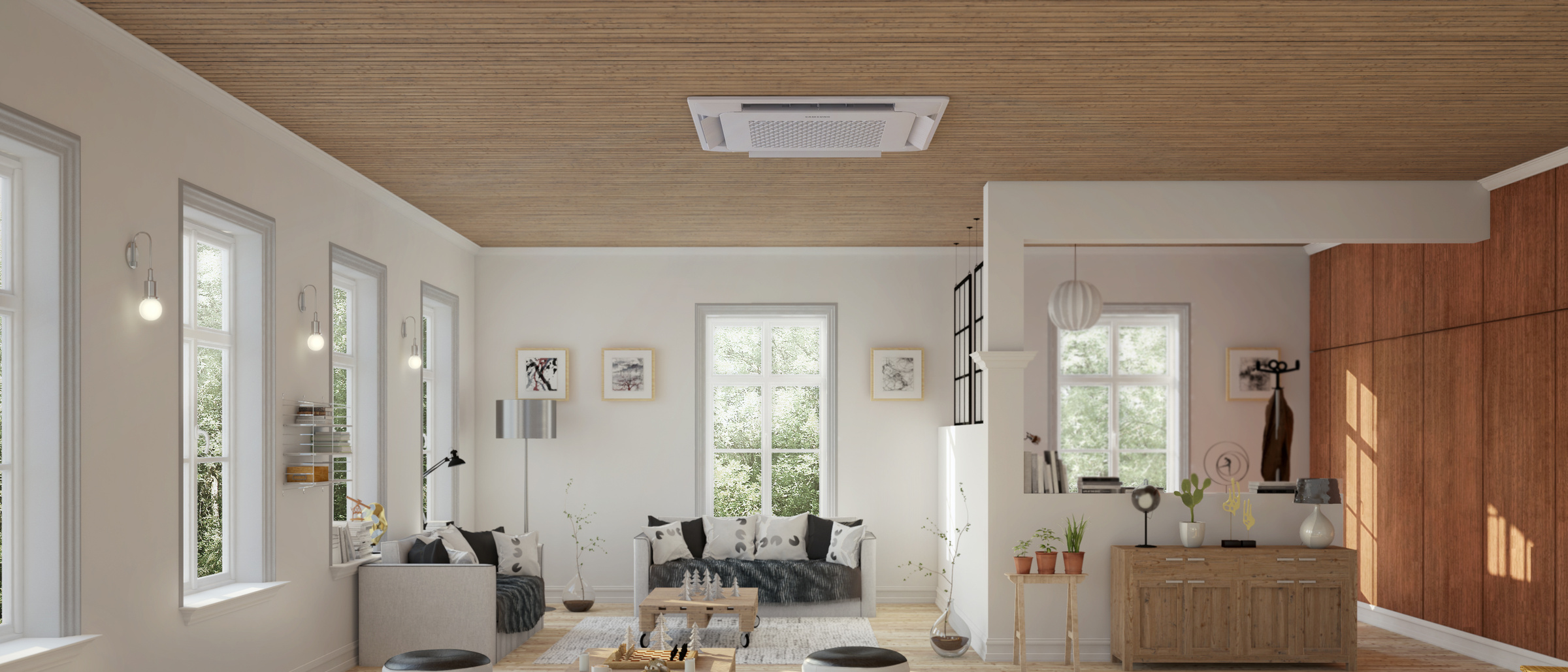 Samsung WindFree 4-Way Cassette AC071RNNDKG/EU kasetė šviesios svetainės medinėse lubose – vėsa be skersvėjo