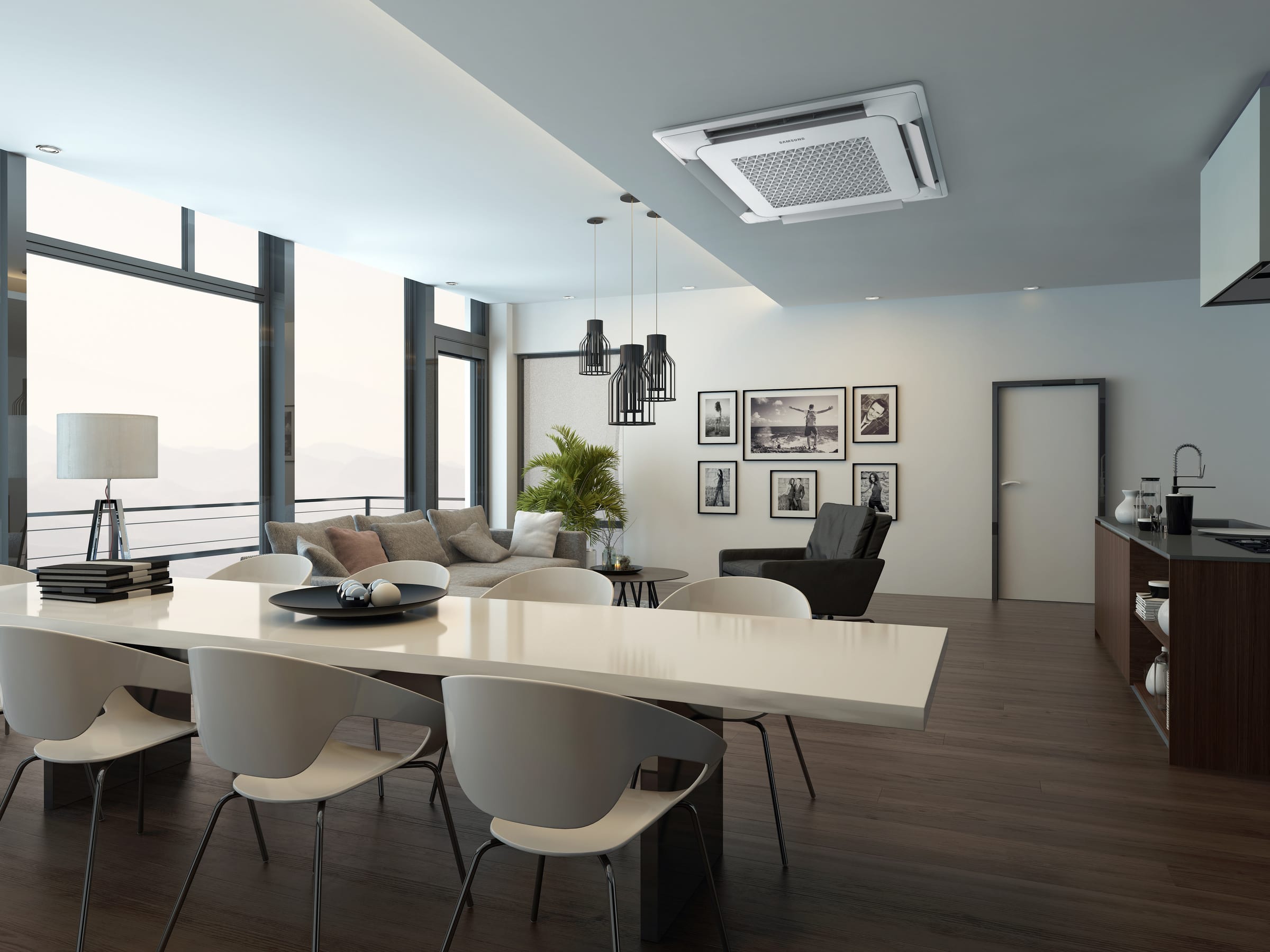 Samsung WindFree 4-Way Cassette AC071RNNDKG/EU virtuvės ir valgomojo erdvėje su atidarytomis mentelėmis – greitas vėsinimas
