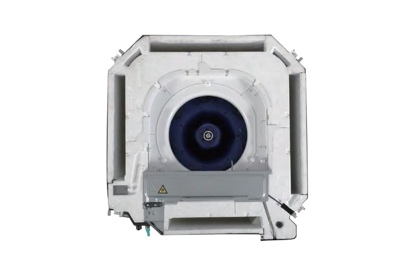 Midea Breezeless+ MCD1-55HRFNX-QRD0W(GA) kasetės vidus be panelės – ventiliatorius ir kondensato padėklas su siurbliu