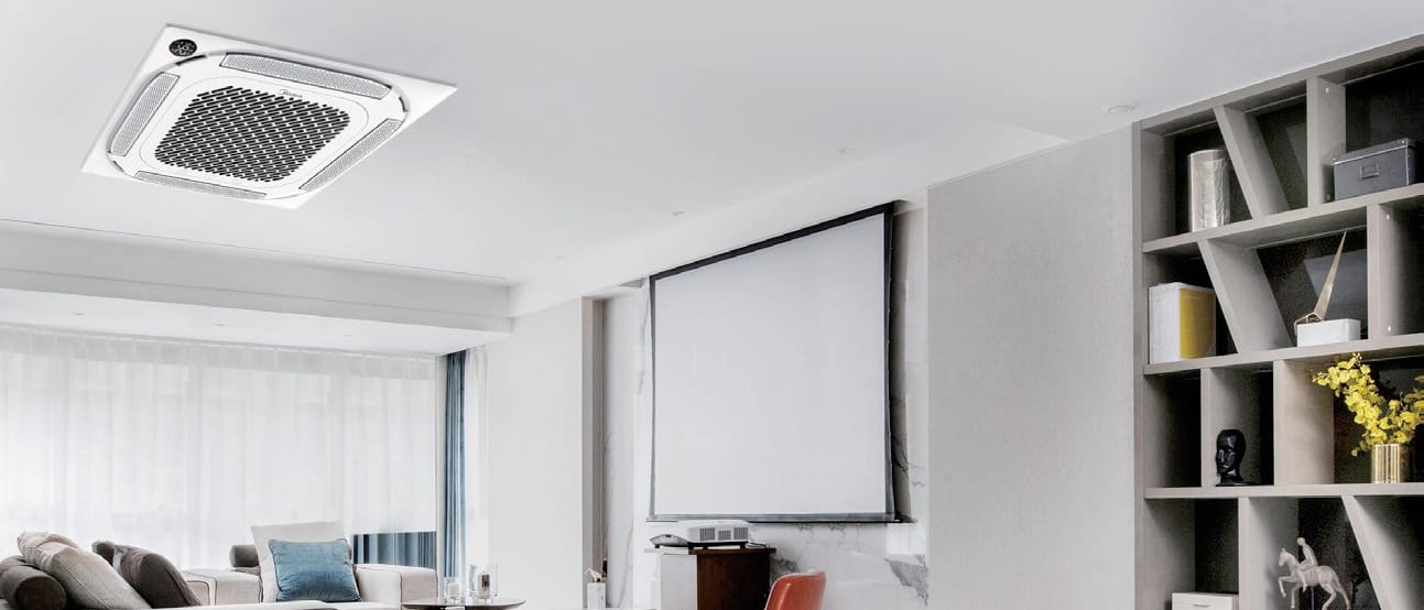 Midea Breezeless+ MCD1-48HRFNX-QRD0W(GA) + MOX630U-48HFN8-RRD0W(GA) kasetinis oro kondicionierius erdvios svetainės lubose