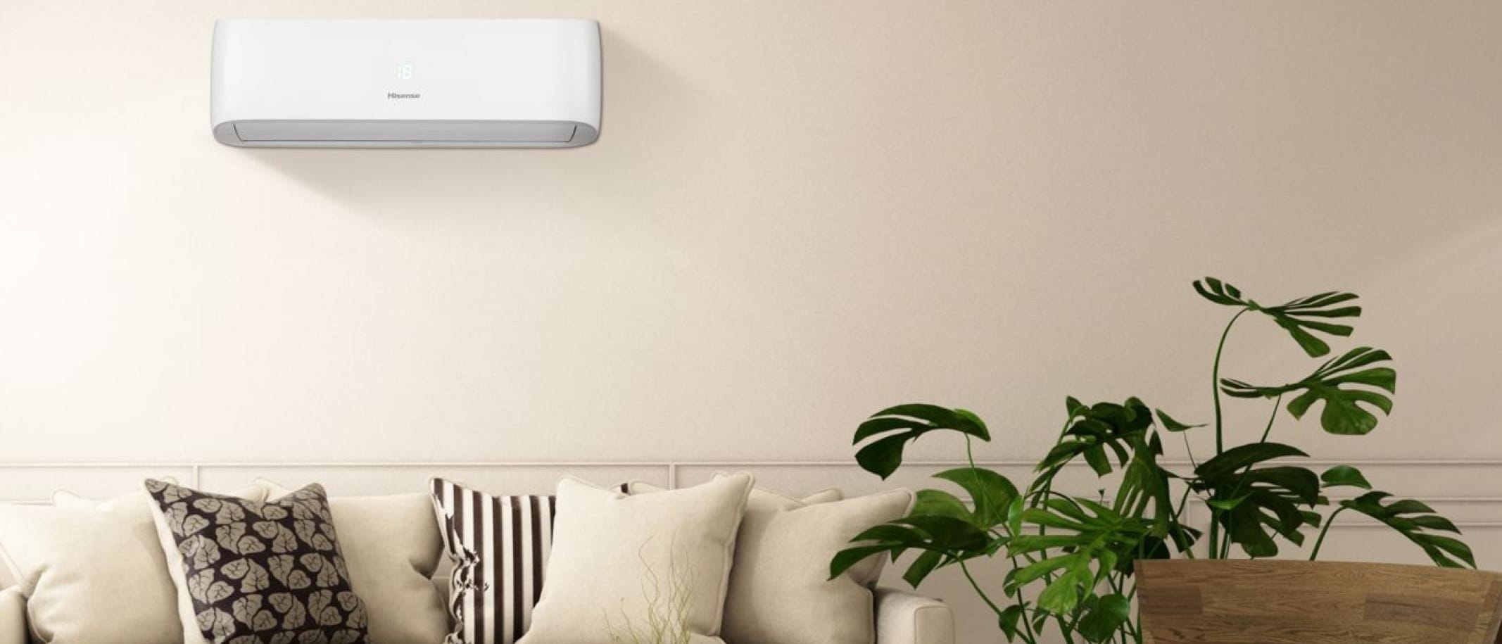 Hisense Easy Smart CA70BT1AG šilumos siurblys oras-oras šviesioje svetainėje su augalais