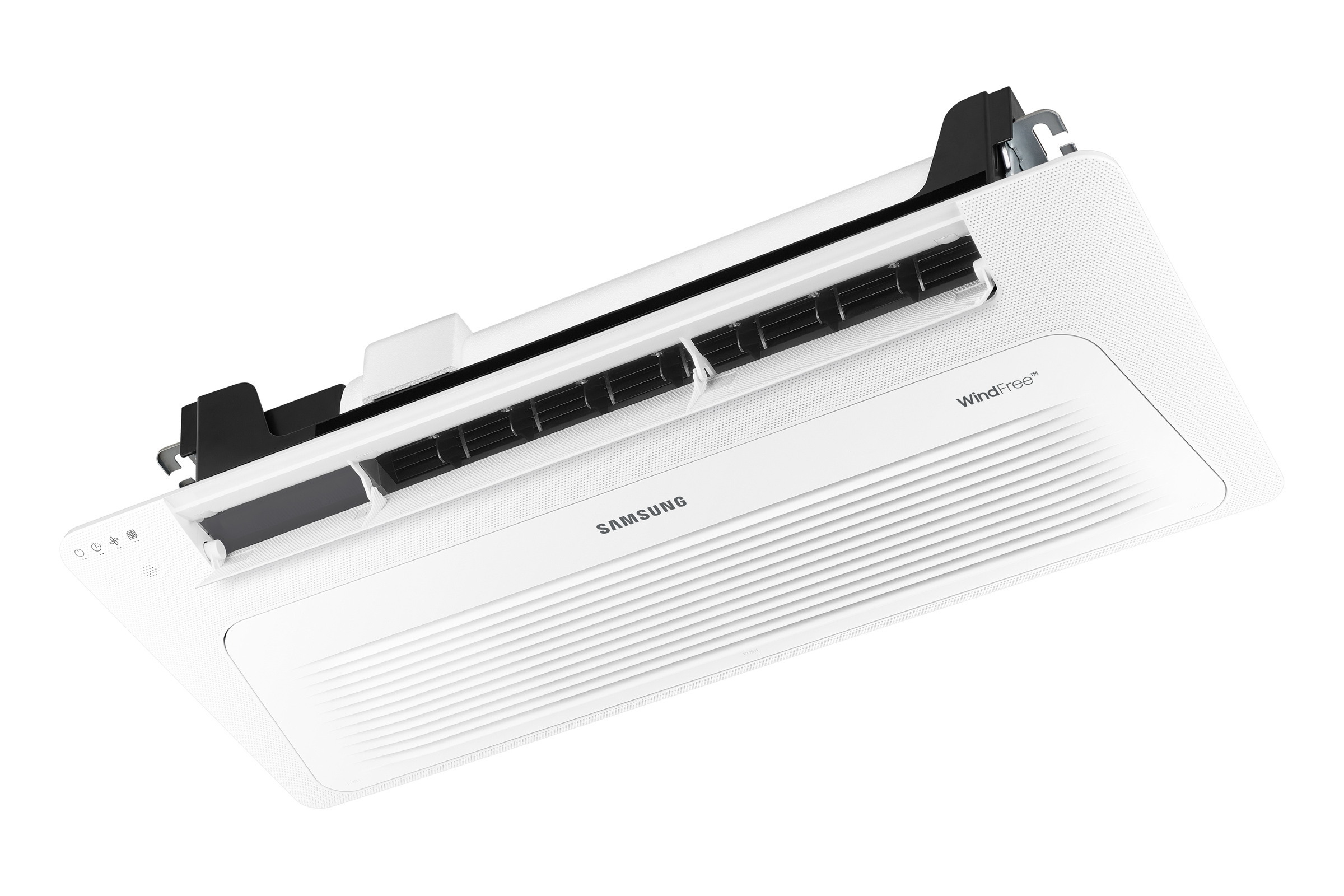 Samsung WindFree 1-Way Cassette AC035RN1DKG/EU vidinis blokas su panele – plonas 135 mm korpusas ir atidaryta mentelė