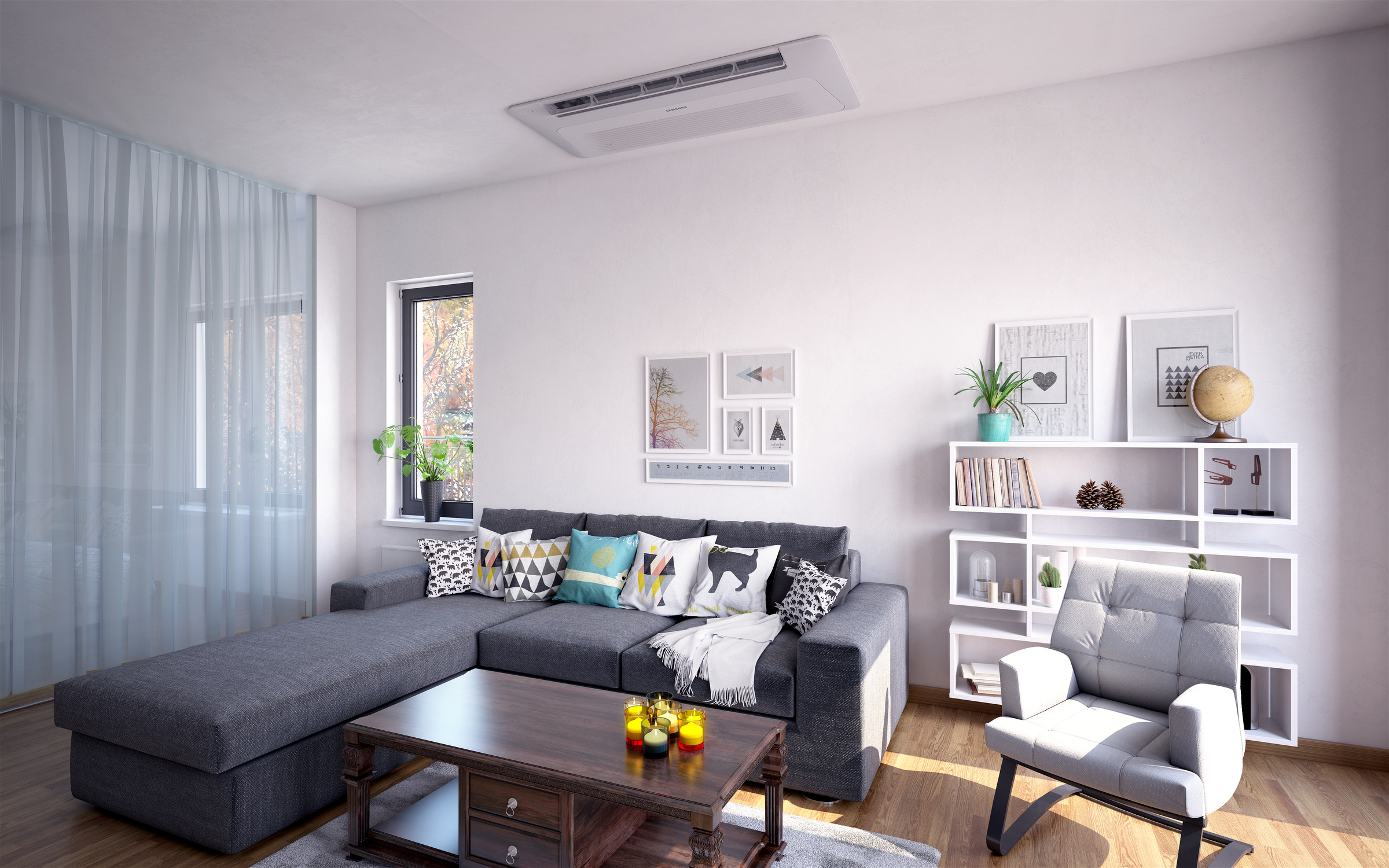 Samsung WindFree 1-Way Cassette AC035RN1DKG/EU svetainėje su atidaryta 100 mm mentele – greitas vėsinimas