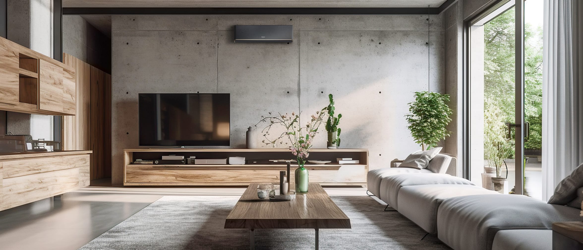 GREE Airy Dark juodas šilumos siurblys GWH24AVEXF-K6DNA1A/I + GWH24AVEXF-K6DNA1A/O modernioje svetainėje