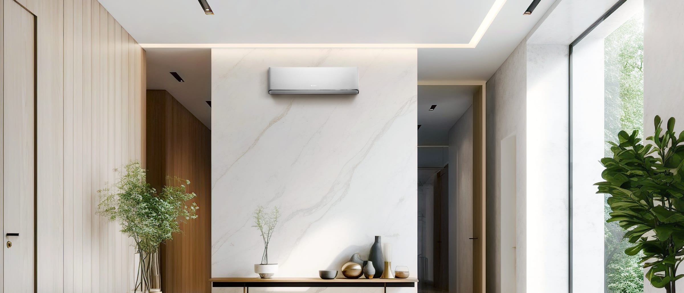 GREE Airy baltas šilumos siurblys GWH24AVEXF-K6DNA1A/I + GWH24AVEXF-K6DNA1A/O modernioje svetainėje