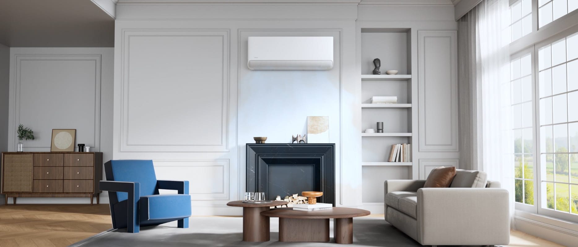 Midea Breezeless E CB1-24HRFN8-I + MX4H-24RD1-CB šilumos siurblys oras-oras šviesioje svetainėje virš židinio