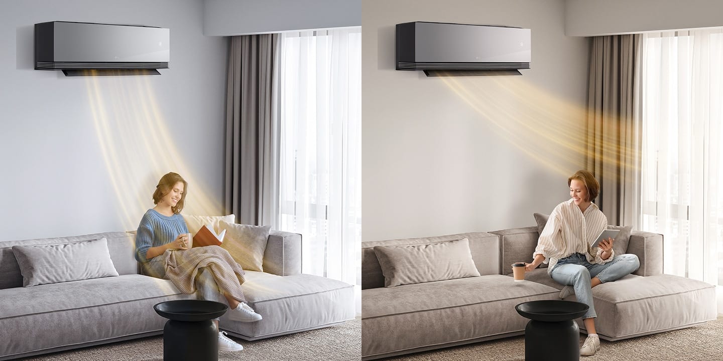 LG ARTCOOL AI Mirror Soft Air AA18SP – šiltas oro srautas vėsų pavasario ar rudens vakarą