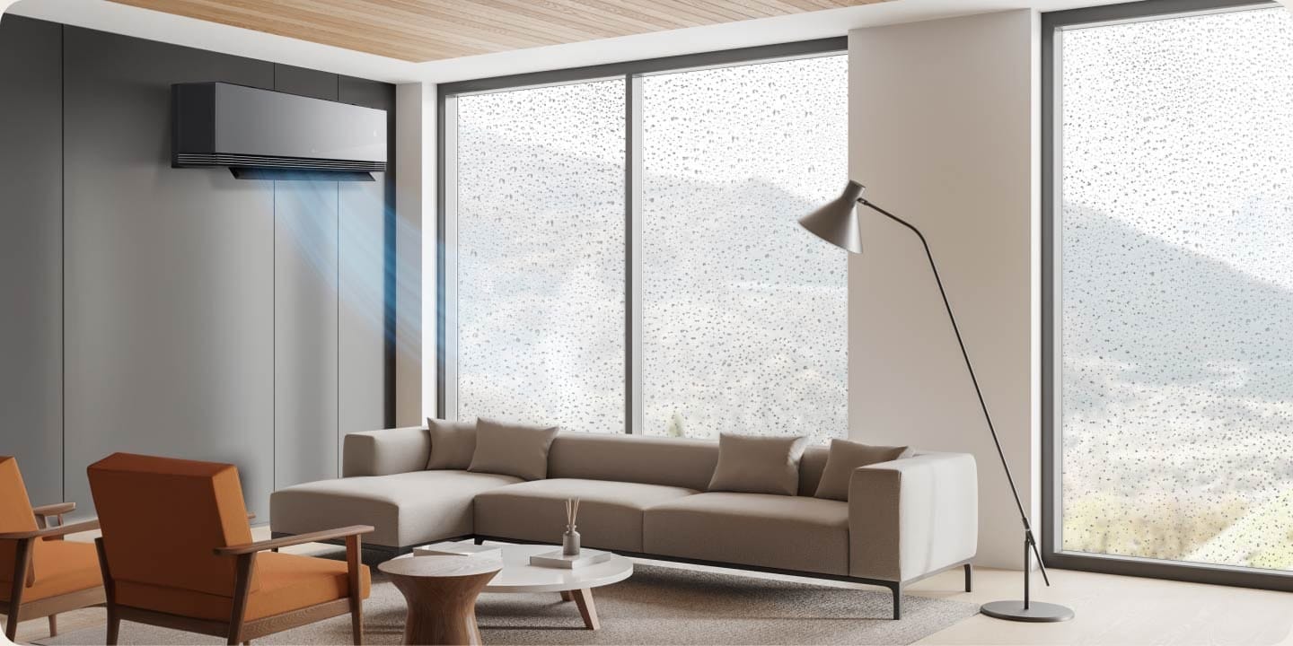 LG ARTCOOL AI Mirror Soft Air AA18SP – drėgmės kontrolė ir tylus darbas lietingą dieną