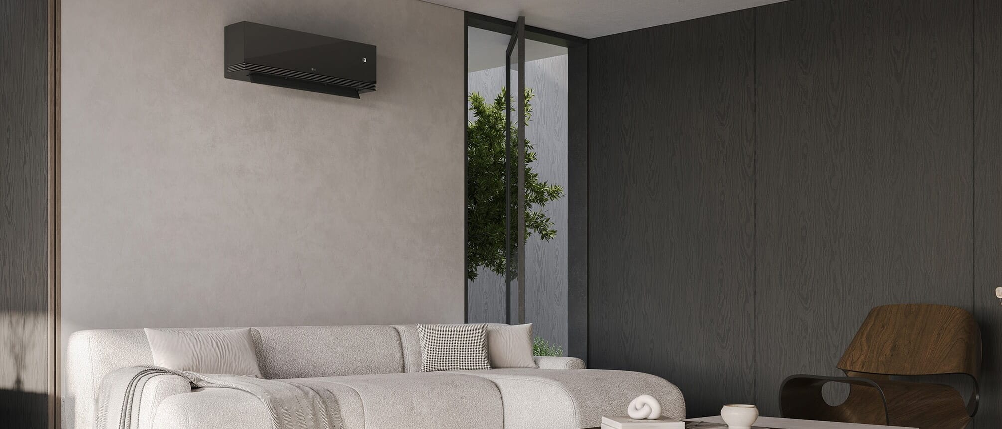LG ARTCOOL AI Mirror Soft Air AA18SP.NS1 + AA18SP.U18 juodas veidrodinis oro kondicionierius modernioje svetainėje