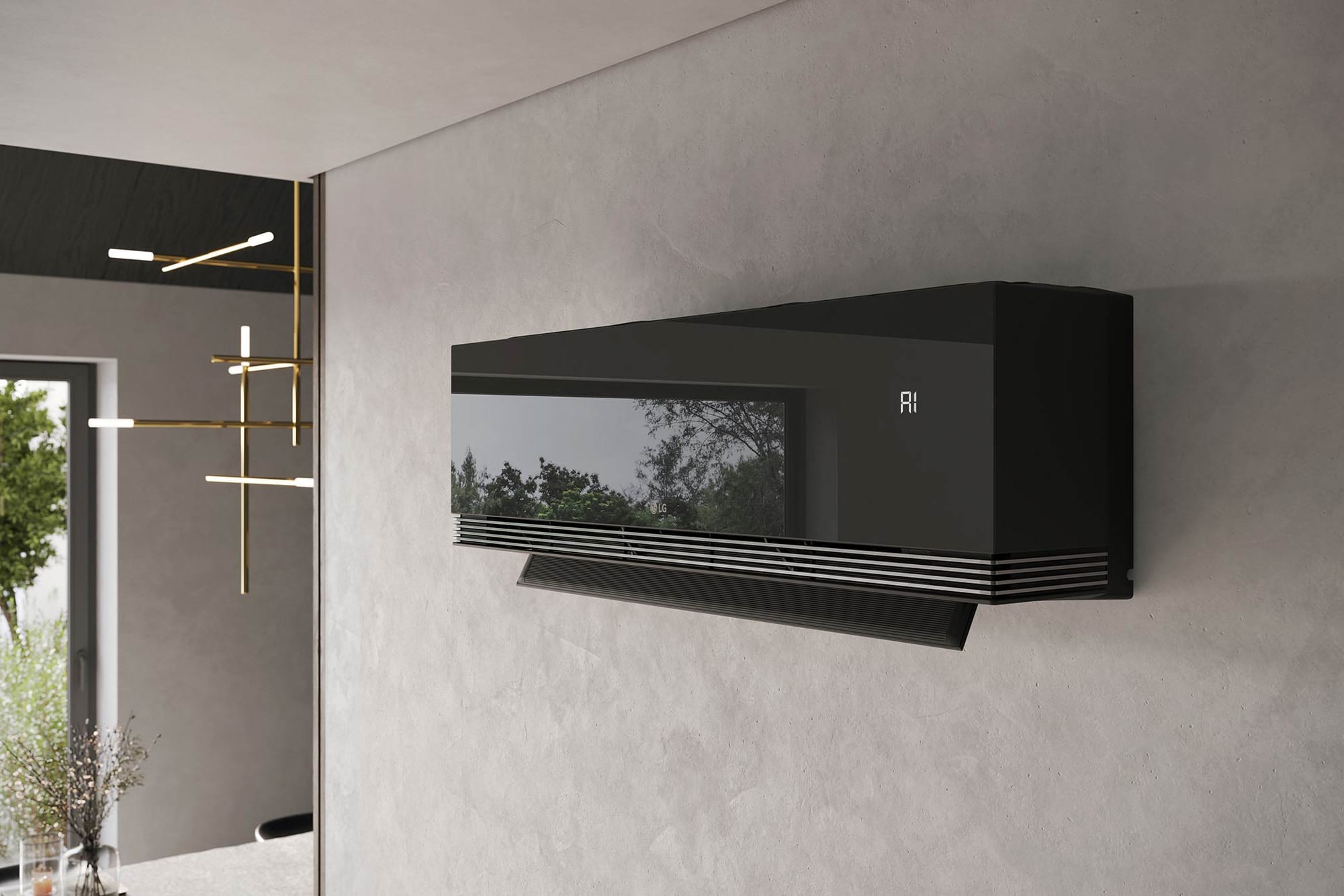 LG ARTCOOL AI Mirror Soft Air AA18SP – juodo veidrodinio stiklo priekis ir horizontalių juostų grotelės