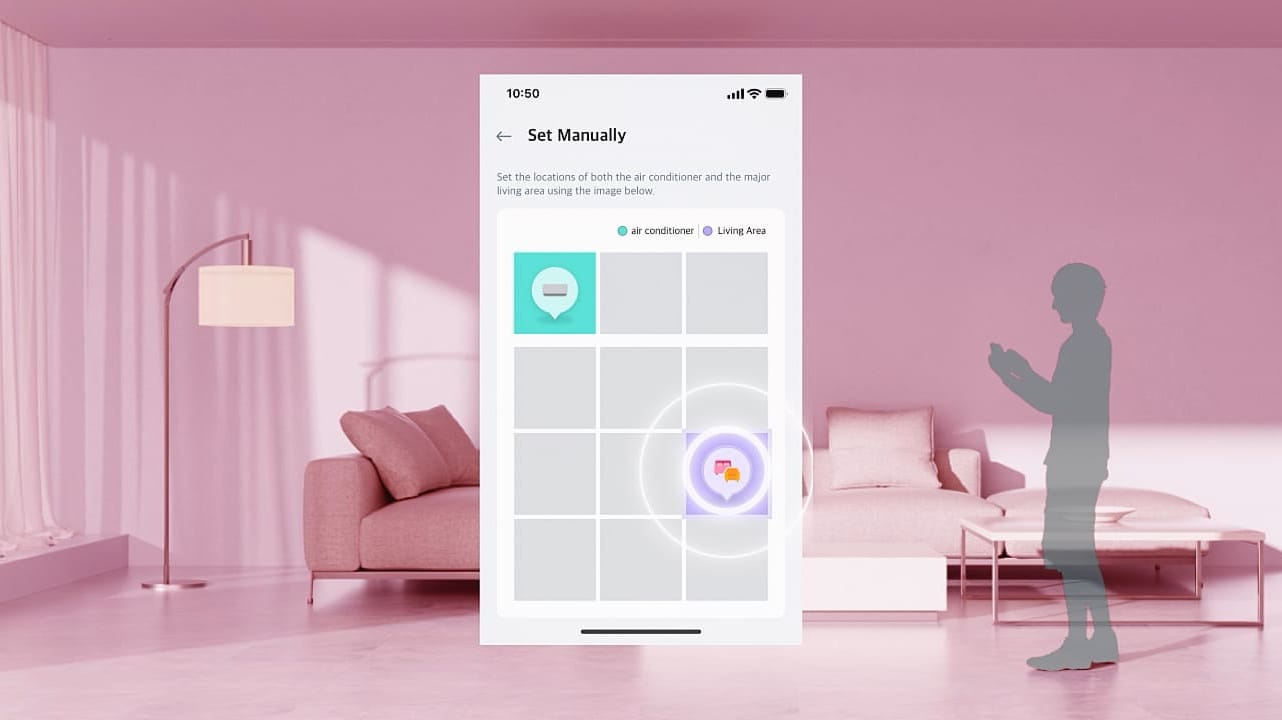 LG DUALCOOL AI Deluxe Soft Air H24S1DA – AI Air pagal LG ThinQ programėlėje pažymėtą vietą