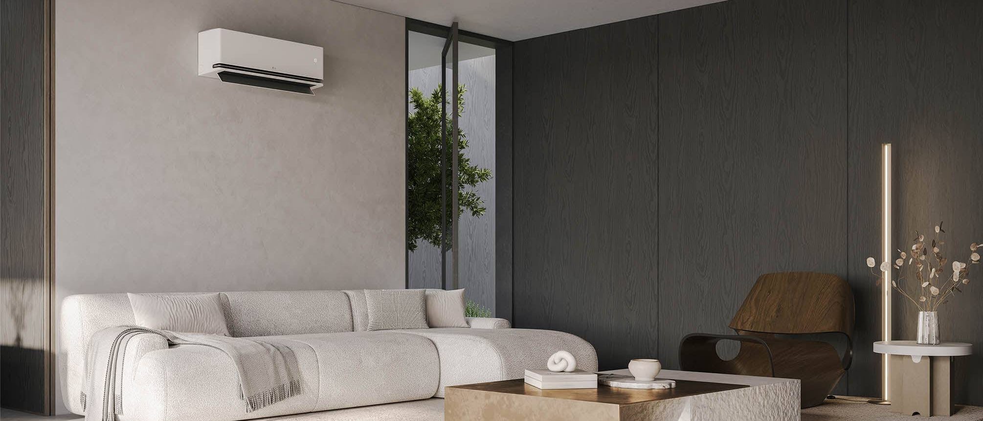 LG DUALCOOL AI Deluxe Soft Air H24S1DA.NS1 + H24S1DA.U24 baltas oro kondicionierius su juoda mentele modernioje svetainėje