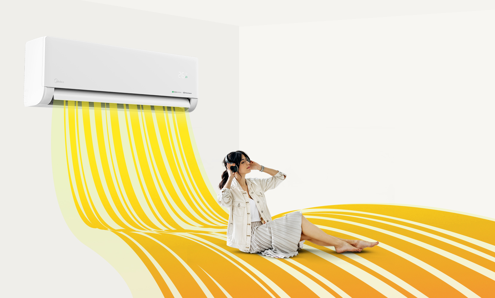 Midea Solstice EZ-24RD6-I: šildant 180° pasukta mentelė nukreipia šiltą orą žemyn