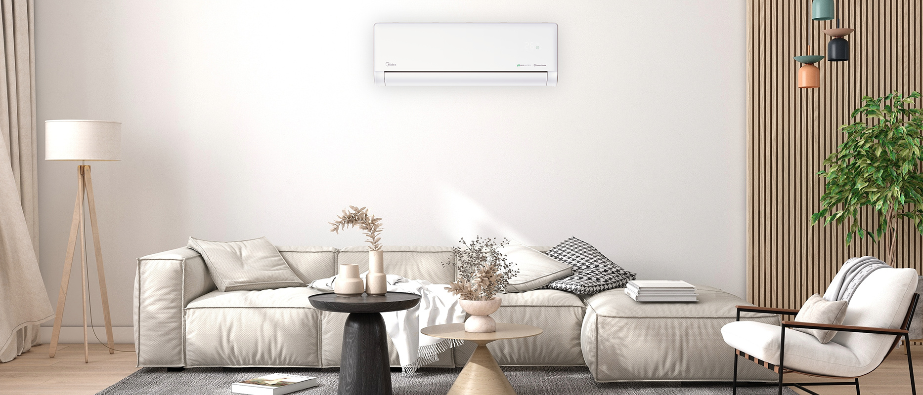 Midea Solstice baltas EZ-18RD6-I + MX4H-18RD6 šilumos siurblys oras-oras šviesioje svetainėje