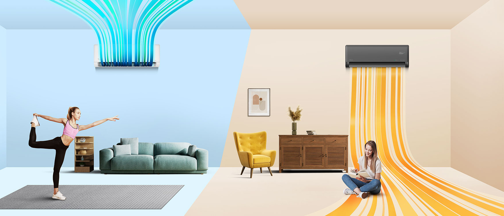 Midea Solstice juodas (Dark) EZB-24RD6-I + MX4H-24RD6 šilumos siurblys šildo svetainę – šiltas oras krenta žemyn; kairėje baltas Solstice vėsina