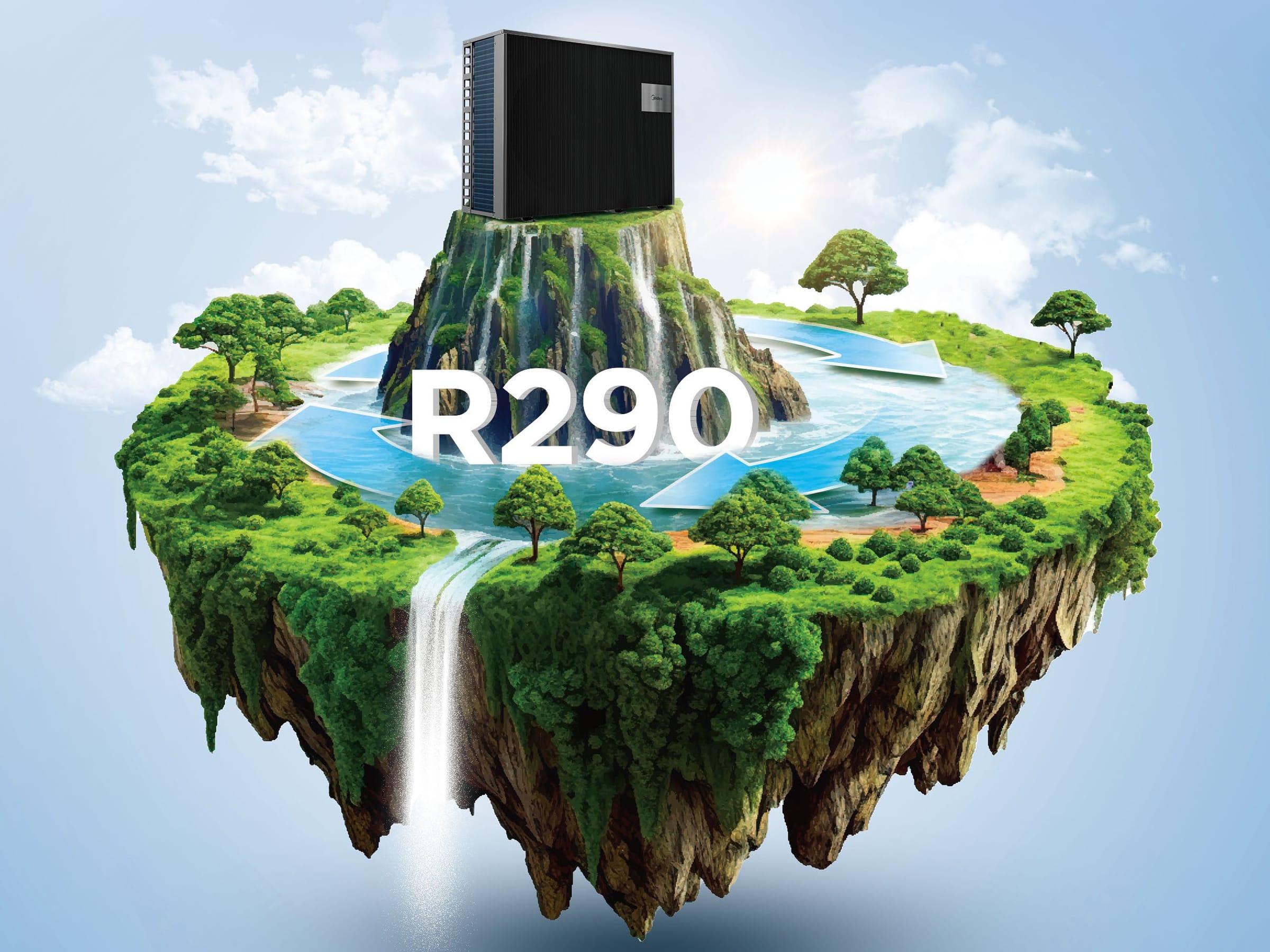 Midea M-Thermal Nature MHC-V16WD2RN7-B su natūraliu šaltnešiu R290 – žalia sala su kriokliu