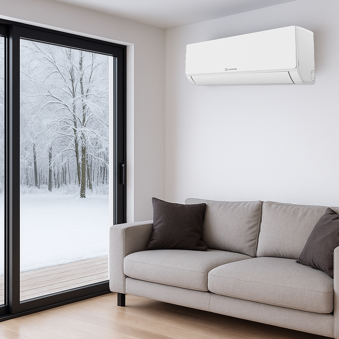 Nordis Lyra L24TC1 svetainėje žiemą – šildymas net esant −20 °C