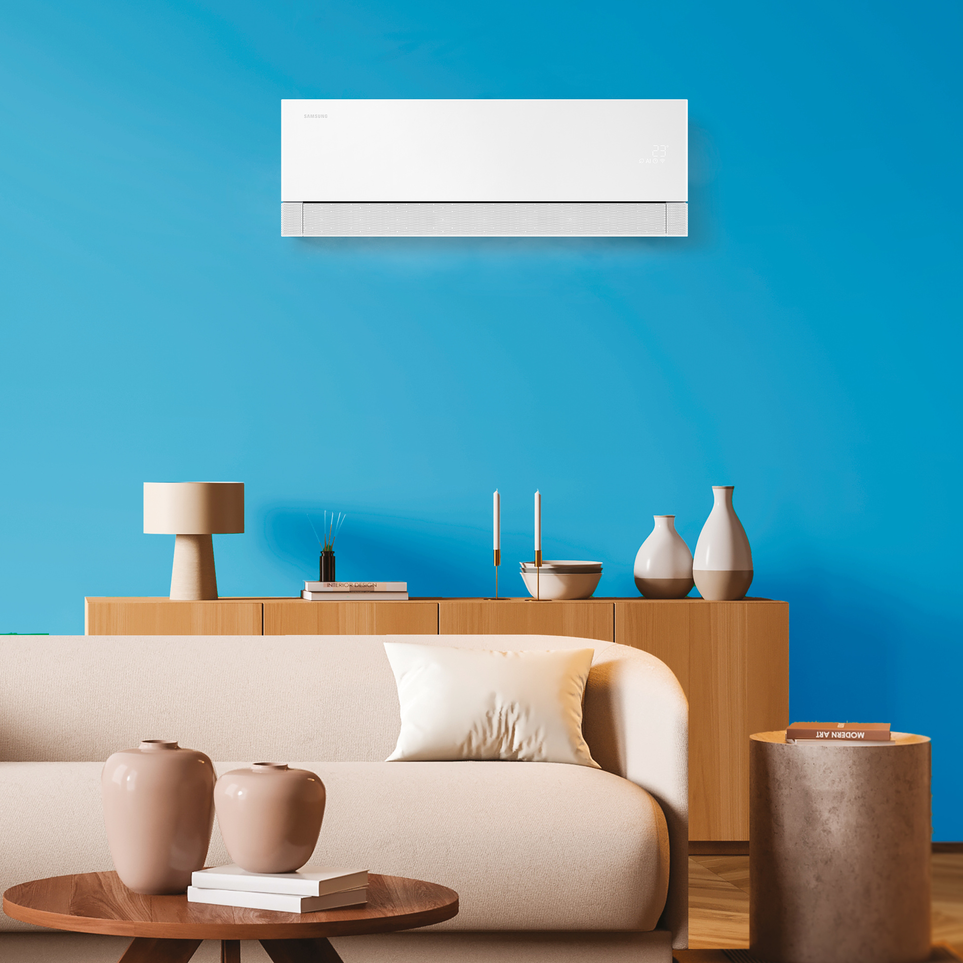 Samsung WindFree Première AR70H12C1AWNEU Essential White – Grid dizaino vidinis blokas ant mėlynos sienos