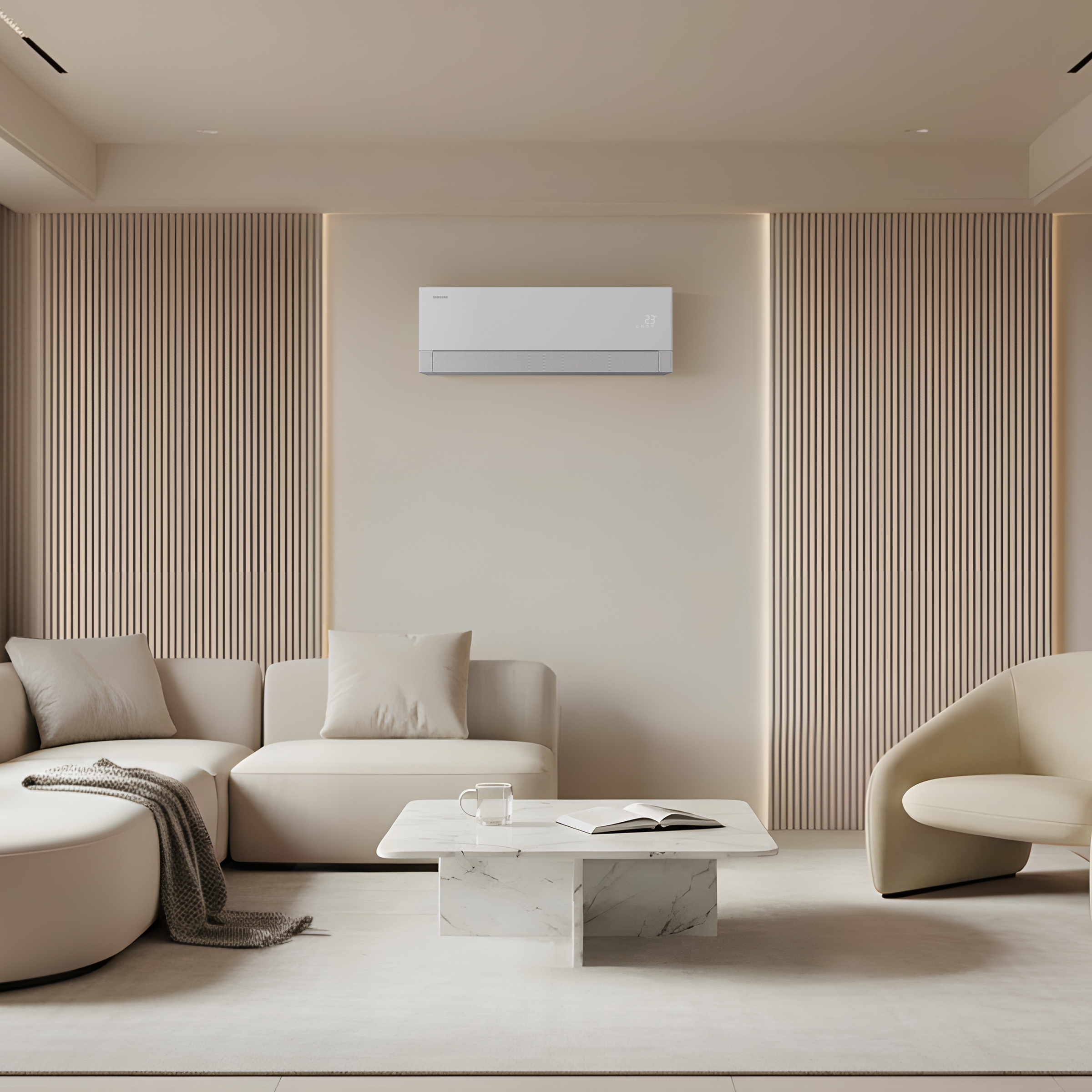 Samsung WindFree Première+ AR70H12CAAWNEU Essential White – apdovanotas Grid dizainas šviesioje svetainėje