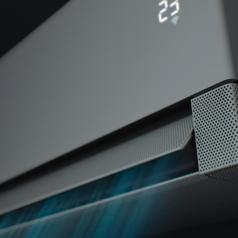 Samsung WindFree Première AR70H12C1ABNEU Soapstone Charcoal – Grid dizaino detalė: matinis korpusas, ekranas ir mikroangos