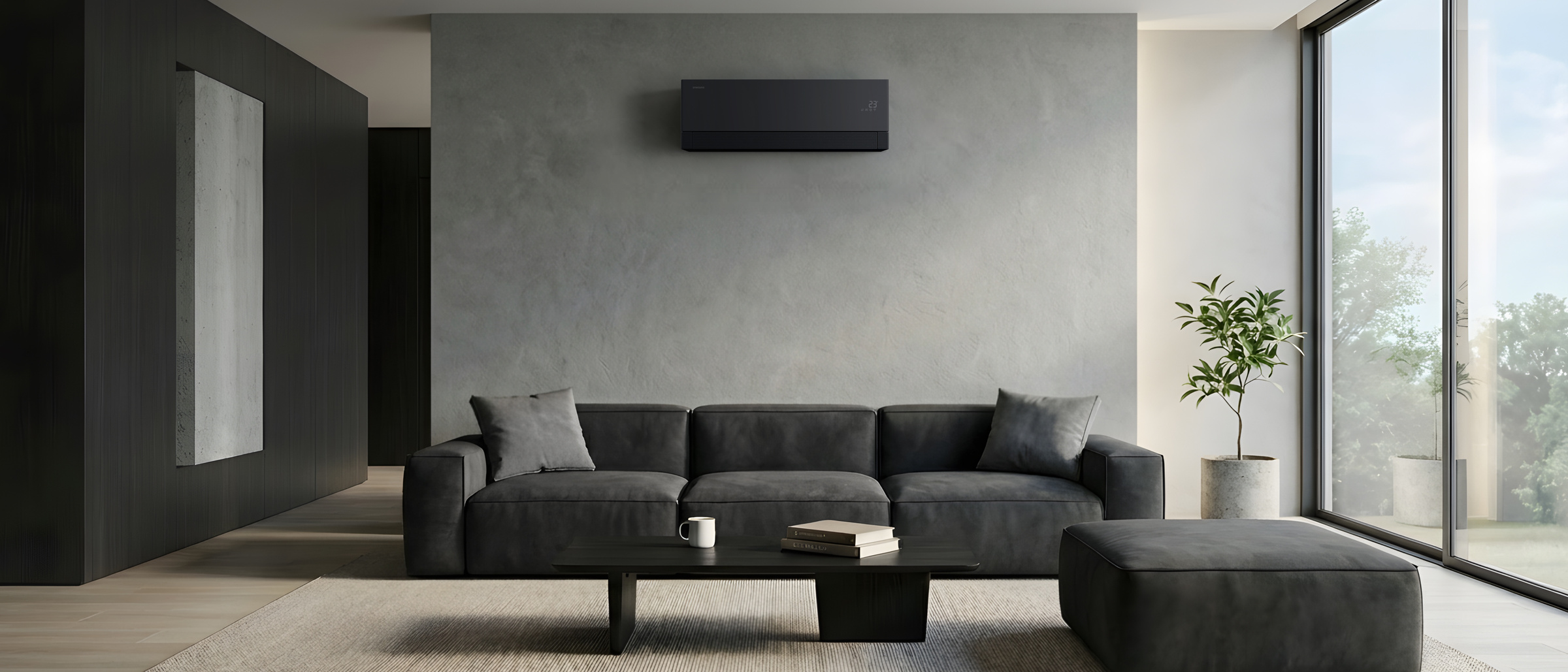 Samsung WindFree Première AR70H12C1ABNEU Soapstone Charcoal oro kondicionierius modernioje svetainėje