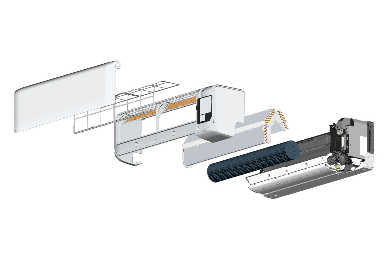 Mitsubishi Heavy Industries Premium ZT SRK20ZT-WF vidinio bloko sandara: naujas šilumokaitis su ø5 mm vamzdeliais ir skersinio srauto ventiliatorius