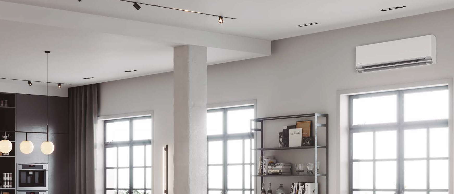 Matinės baltos spalvos Panasonic Etherea šilumos siurblys CS-Z35CKEW + CU-Z35CKE erdvioje loft tipo svetainėje