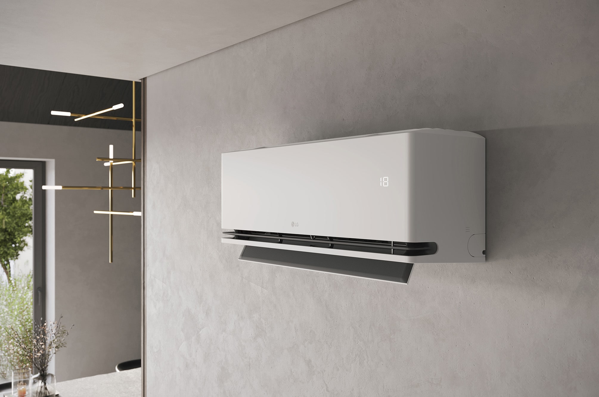 LG DUALCOOL AI Deluxe Soft Air P12SND – kompaktiškas baltas korpusas su juoda mentele