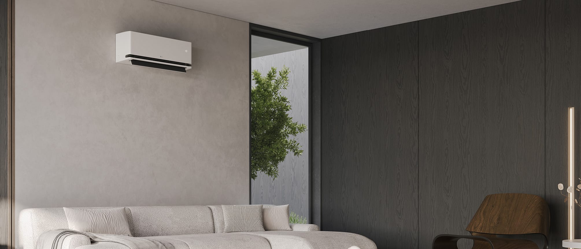 LG DUALCOOL AI Deluxe Soft Air P09SND multi-split vidinis blokas šviesioje svetainėje virš sofos