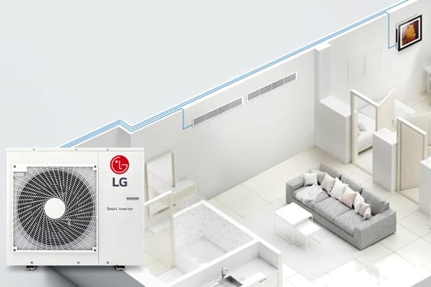 LG Multi Split sistema: vienas lauko blokas ir vidiniai blokai keliuose buto kambariuose, tarp jų LG DUALCOOL Standard 2 S12EC
