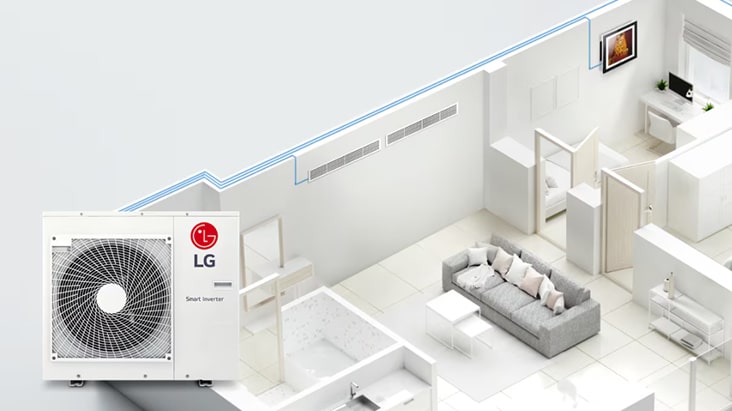 LG Multi Split MU5R30 sistema: lauko blokas ir trasos į kelių kambarių vidinius blokus