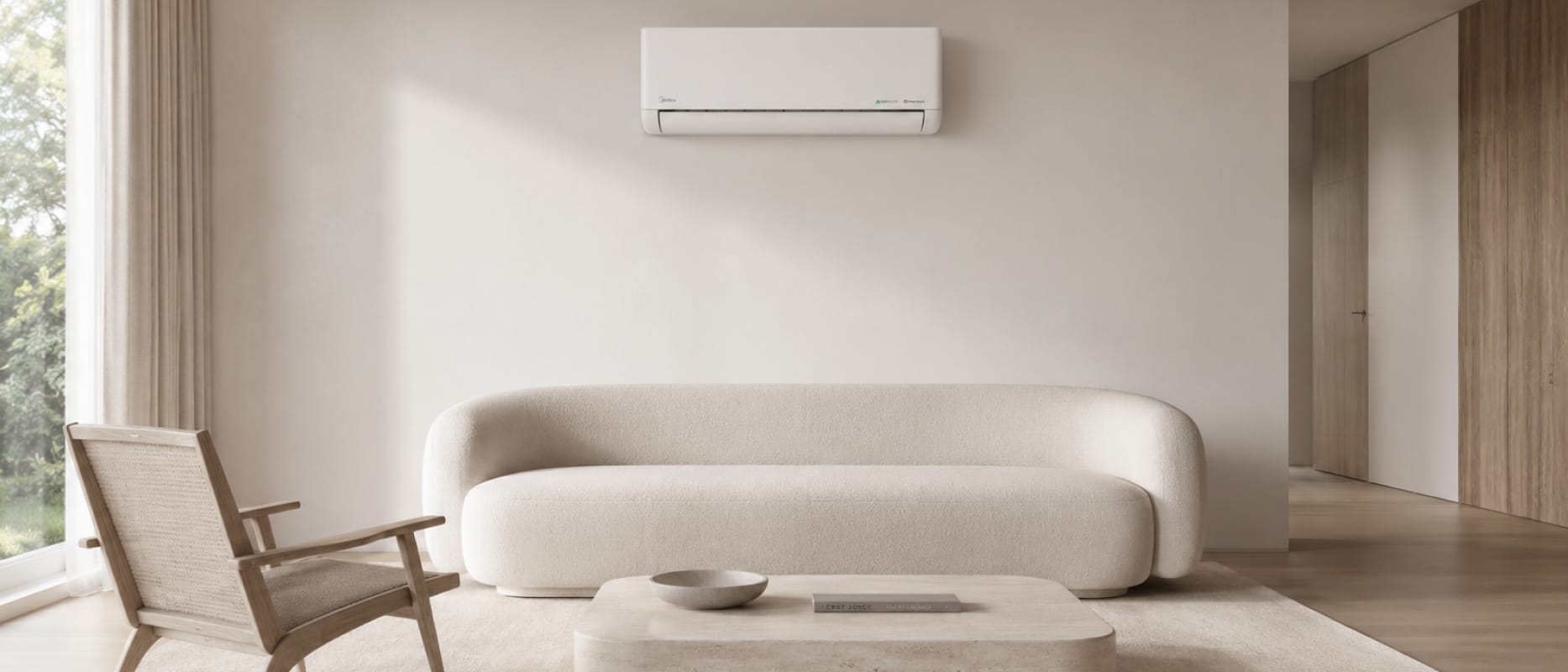 Midea Solunar EF-12RD1H + MX1-12RD1H šilumos siurblys oras-oras šviesioje smėlio tonų svetainėje