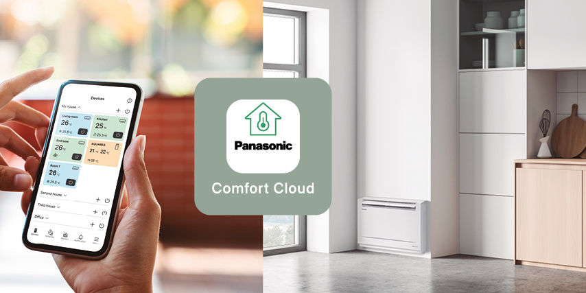 Panasonic grindinis CS-Z35CFEAW-1 virtuvėje ir valdymas telefonu programėle Panasonic Comfort Cloud per integruotą Wi-Fi