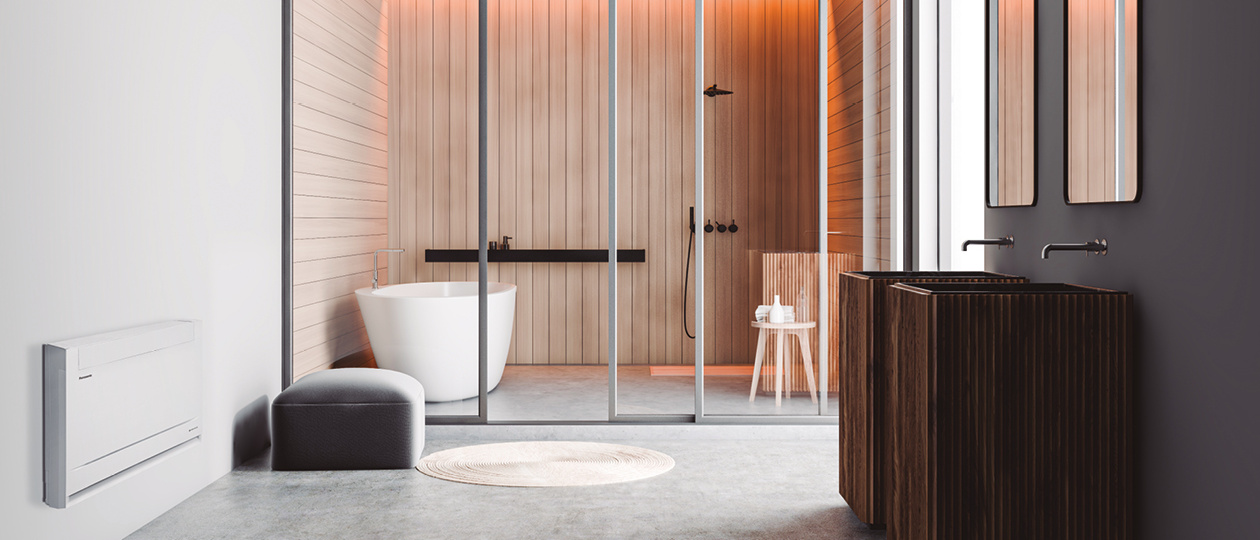 Panasonic grindinis šilumos siurblys oras-oras CS-Z35CFEAW-1 + CU-Z35CFEA-1 modernioje vonios ir SPA erdvėje