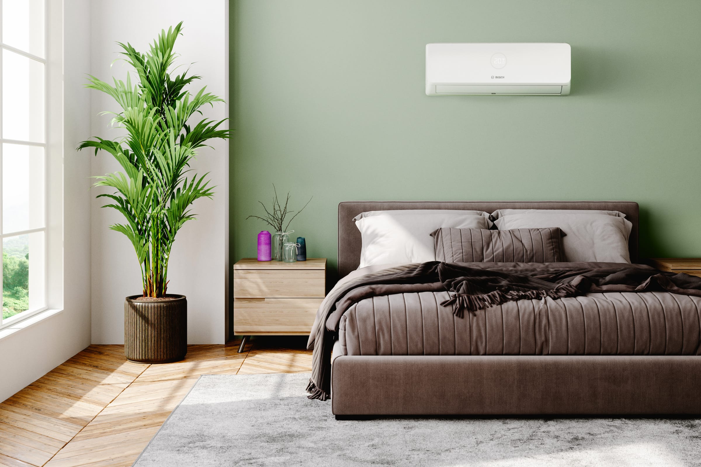 Bosch Climate 3200i CL3200iU W 70 E tylus vidinis blokas virš lovos miegamajame su žalia siena