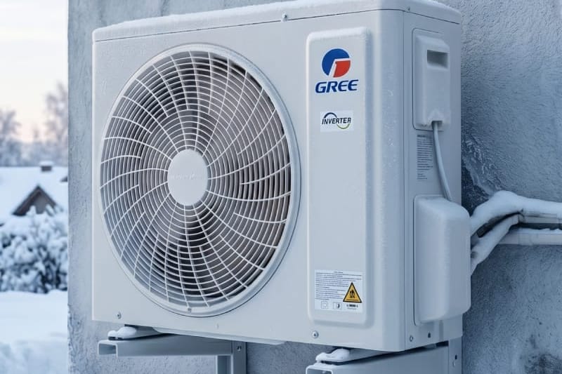 GREE Cosmo GWH24AWEXF lauko blokas žiemą – šildo net esant −25 °C