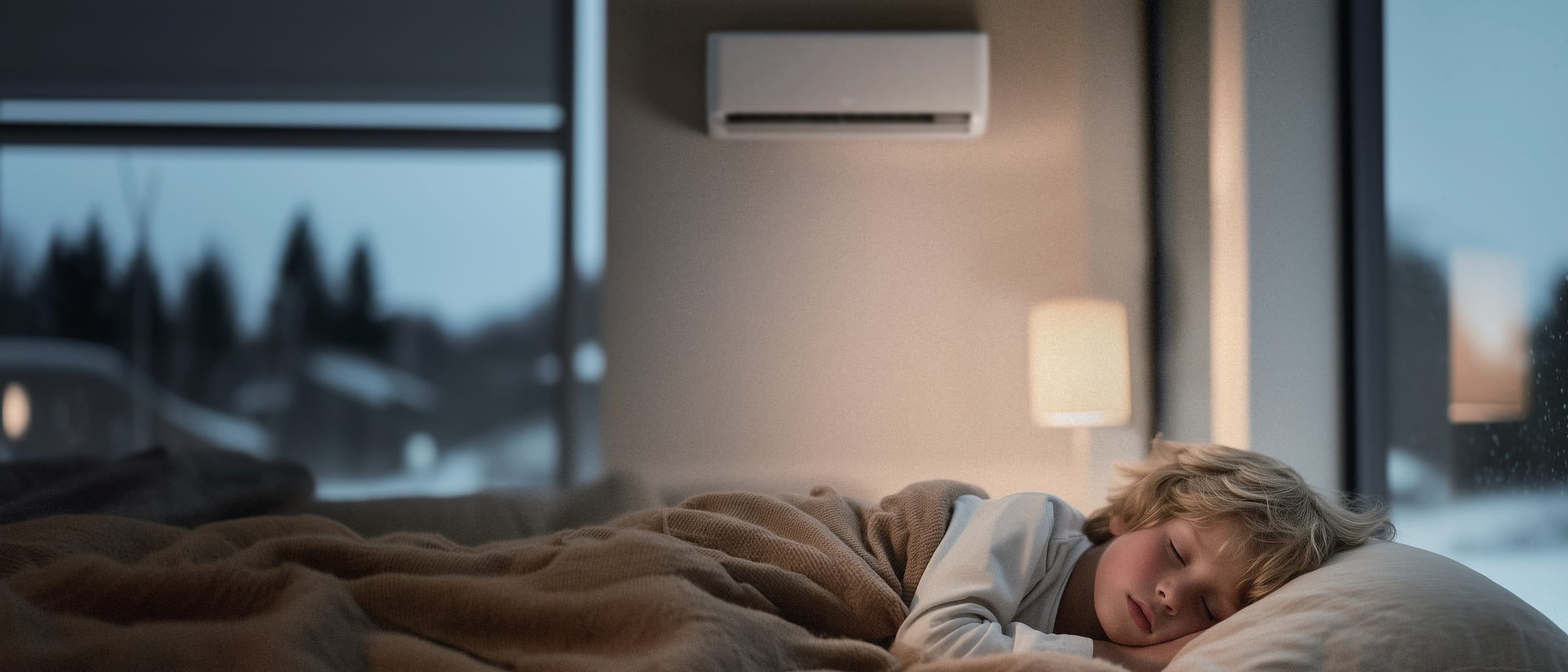 Midea Raynor EX-12RE1N-I vaiko miegamajame žiemos vakarą – I-Sleep ir tylus darbas