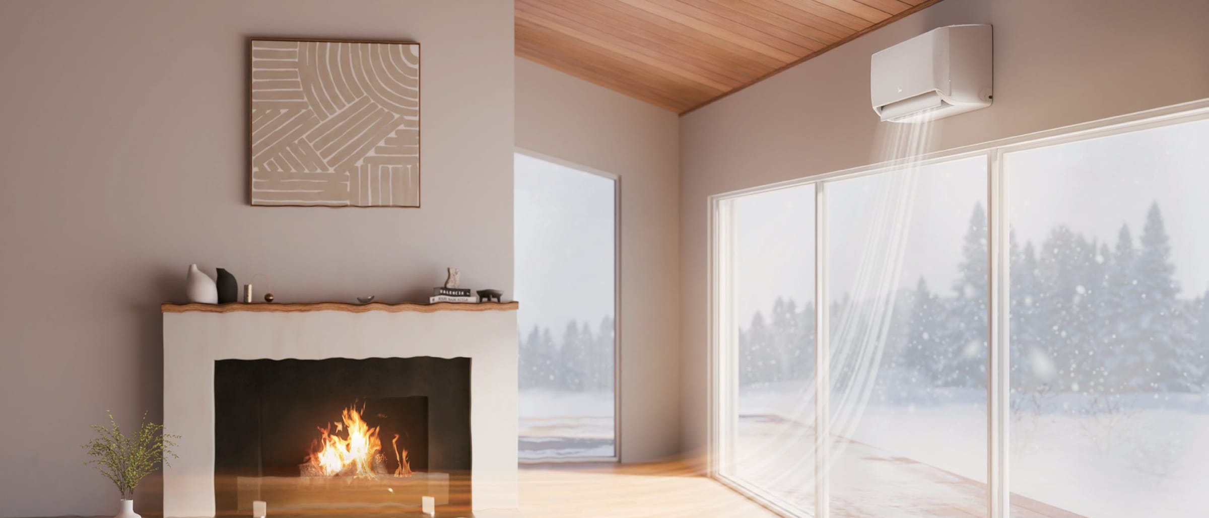 Midea Raynor EX-12RE1N-I svetainėje su židiniu – Fireplace režimas ir Waterfall srautas žemyn