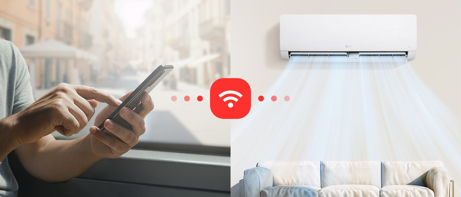 LG DUALCOOL WZ WZ24AWN.SNU1 + WZ24AWU.SUU1 oro kondicionierius svetainėje – vėsinimas įjungiamas LG ThinQ programėle dar kelyje