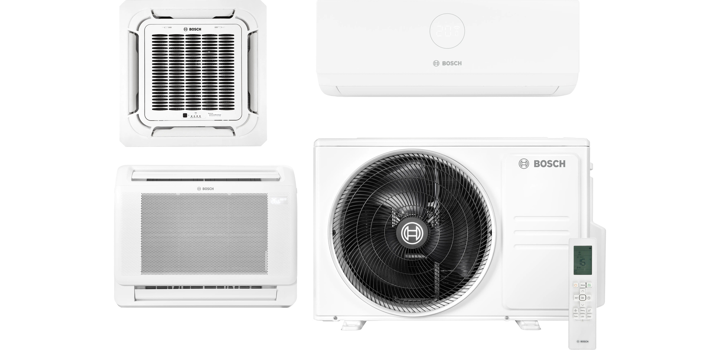 Bosch Climate 5000 M šeima: sieninis, kasetinis ir konsolinis vidiniai blokai su lauko bloku ir pulteliu