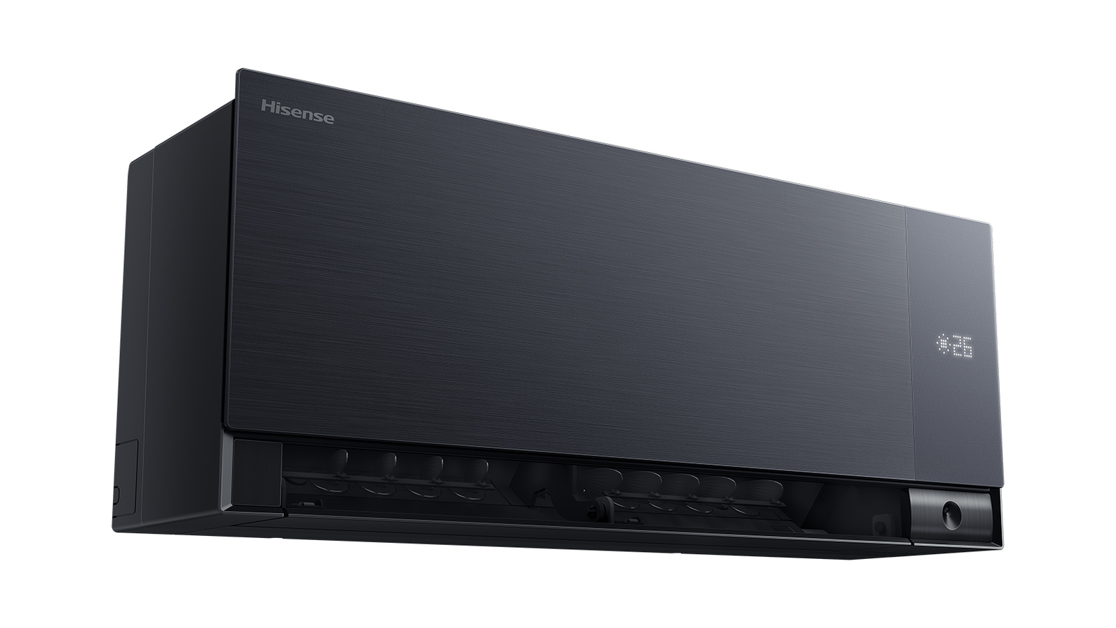 Hisense Air Master juodas vidinis blokas su atverta panele – lengvai pasiekiami filtrai ir paprasta priežiūra
