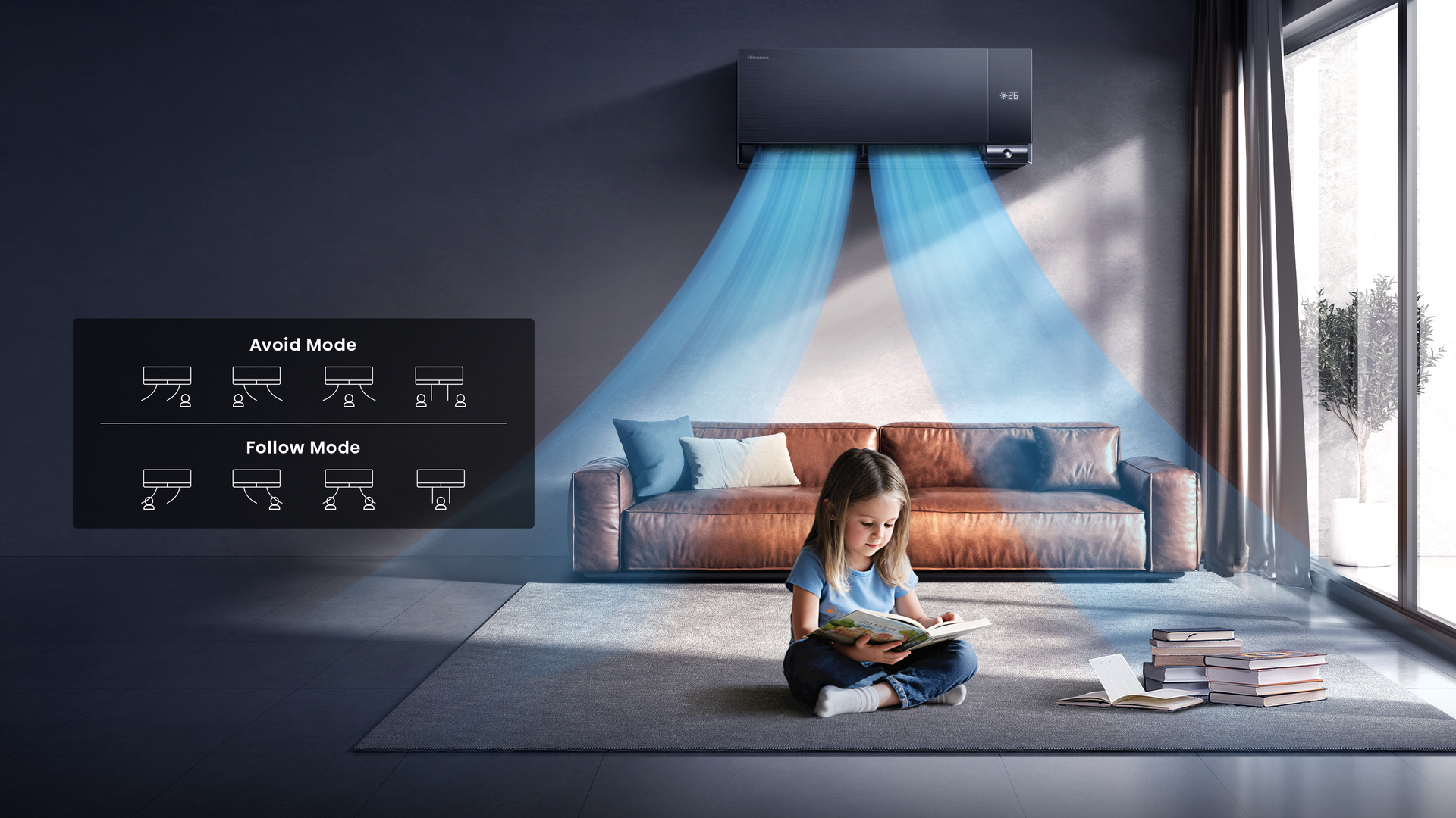 Hisense Air Master oro srauto režimai Sekti ir Aplenkti