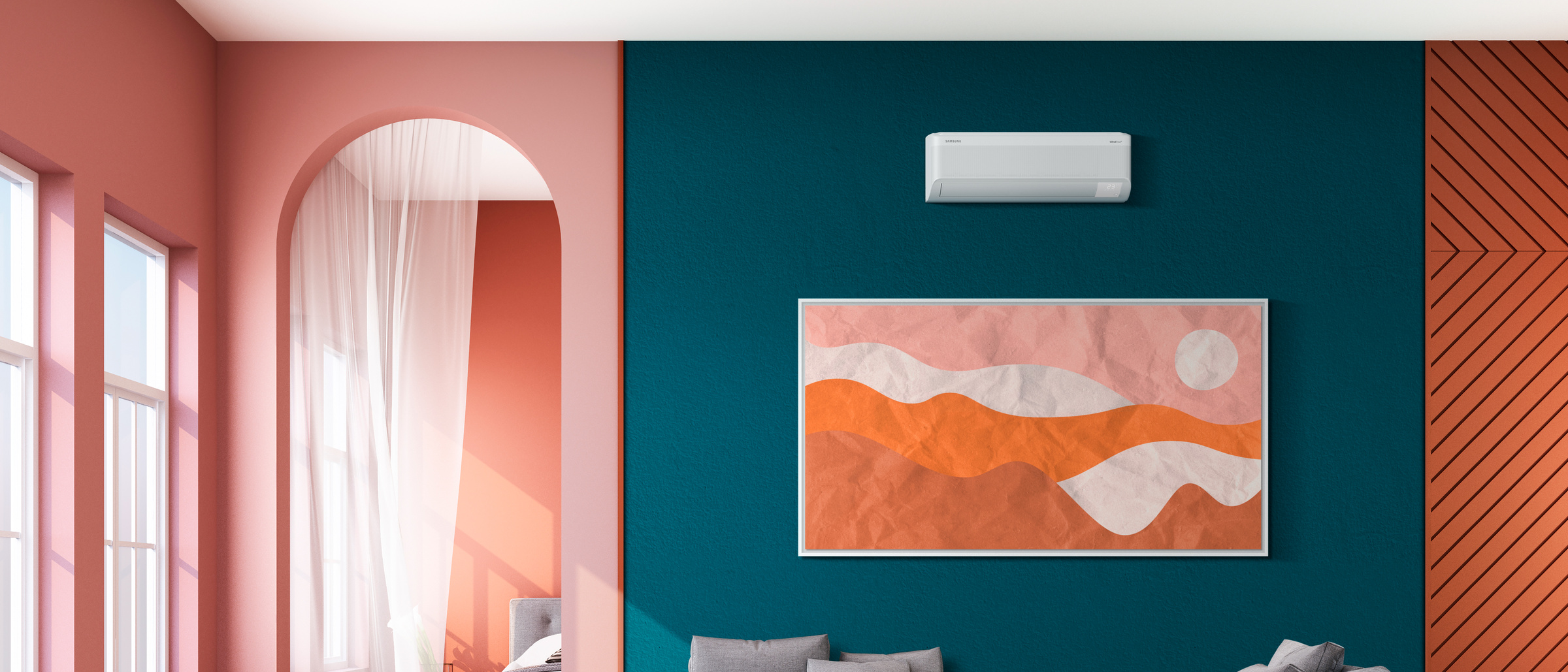 Samsung Nordic WindFree Comfort S2 AR60F12C1CWNEE šilumos siurblys oras-oras šviesioje svetainėje – šiluma iki −30 °C ir vėsa be skersvėjo