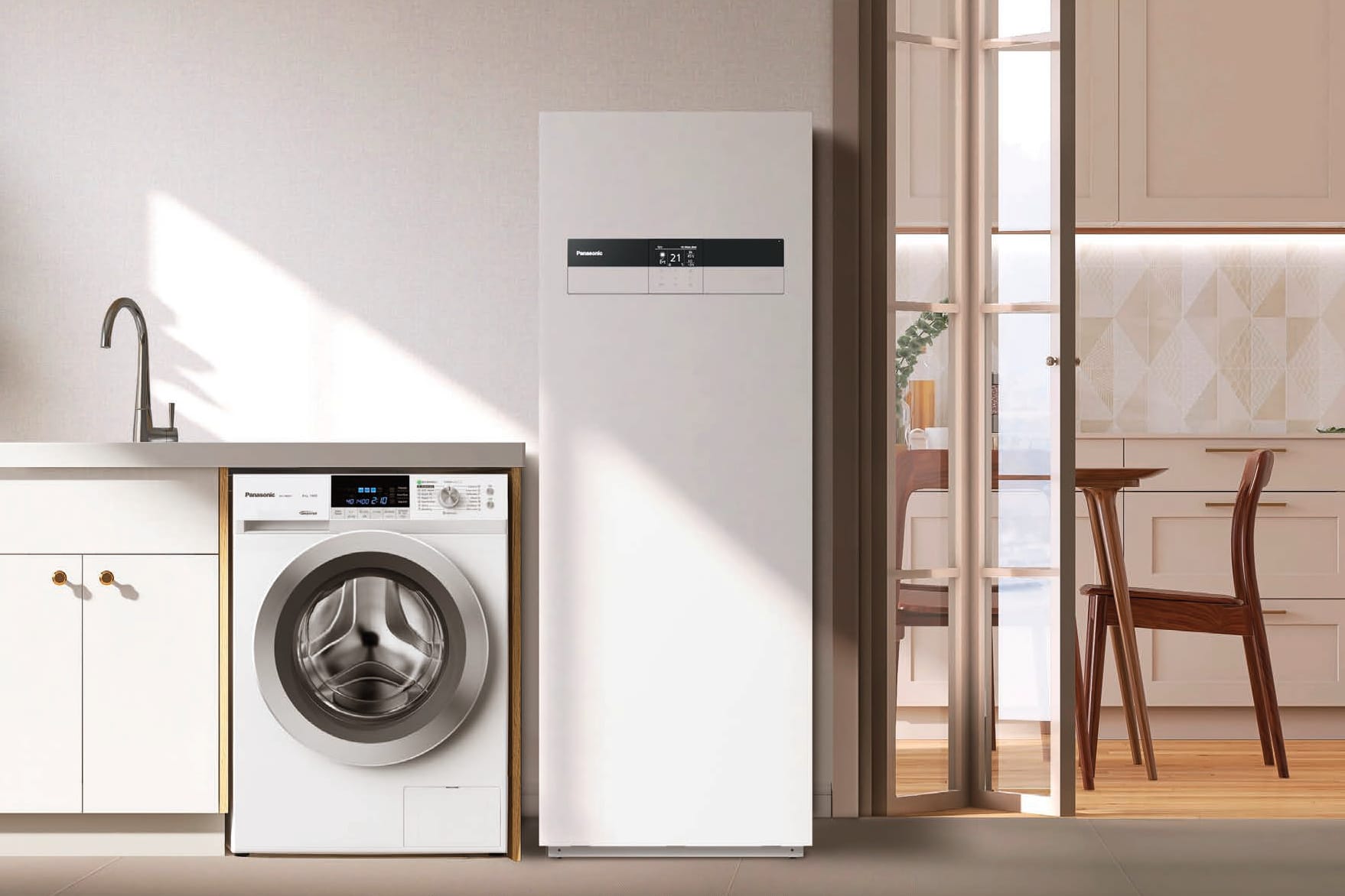 Panasonic Aquarea High Performance All in One K WH-ADC0309K3E5AN + WH-UDZ03KE5 kompaktiškas modulis greta skalbimo mašinos